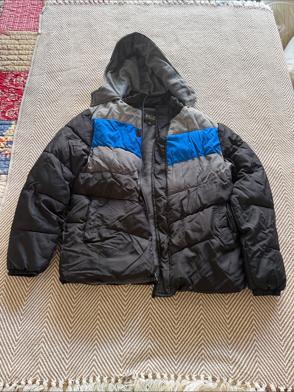Kids Hooded Puffer Jacket - Black, Gray & Blue